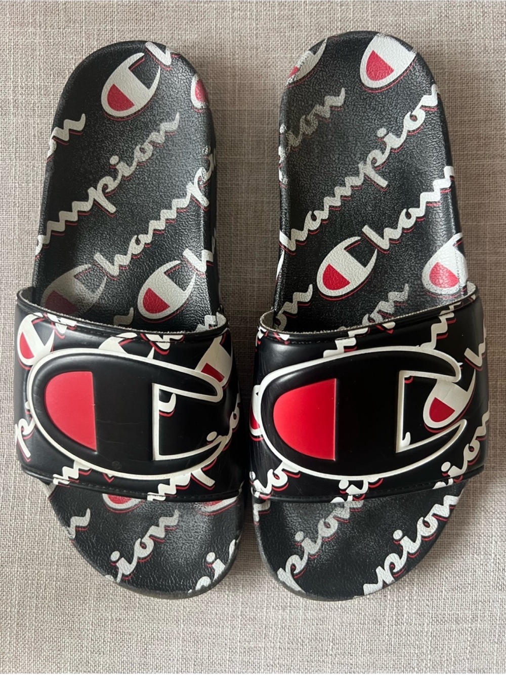 Champion black /Red Slide Sandals, men’s US 8, logo athleisure sporty casual